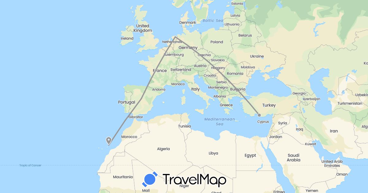TravelMap itinerary: driving, plane in Spain, Netherlands, Turkey (Asia, Europe)